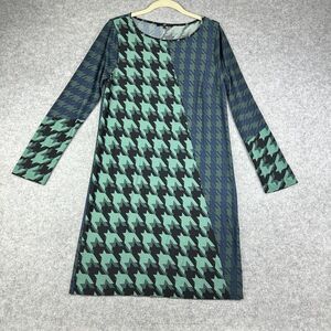Tibi Dress Women M Green Blue Geometric Houndstooth Long Sleeve Everyday Career*